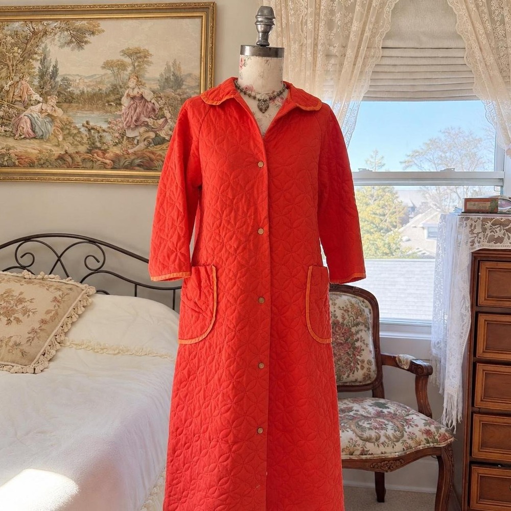 orange quilted bed coat vintage 60s bright orange quilted house coat